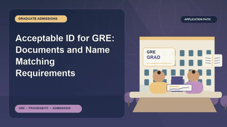 Acceptable ID for GRE: Documents and Name Matching Requirements — editorial illustration for GRE graduate admissions, showing a student reviewing program fit and admission requirements with an academic adviser.