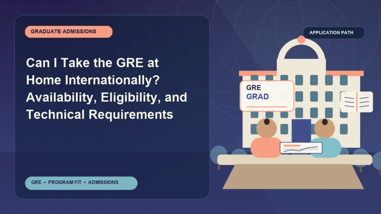 Can I Take the GRE at Home Internationally? Availability, Eligibility, and Technical Requirements — editorial illustration for GRE graduate admissions, showing a student reviewing program fit and admission requirements with an academic adviser.