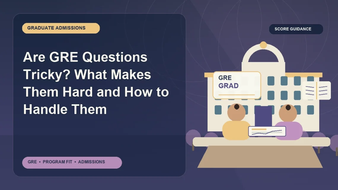 Are GRE Questions Tricky? What Makes Them Hard and How to Handle Them — editorial illustration for GRE graduate admissions, showing a student reviewing program fit and admission requirements with an academic adviser.