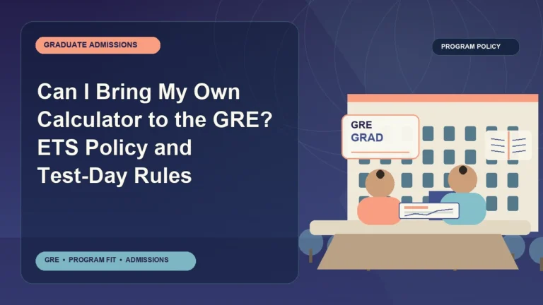 Can I Bring My Own Calculator to the GRE? ETS Policy and Test-Day Rules — editorial illustration for GRE graduate admissions, showing a student reviewing program fit and admission requirements with an academic adviser.