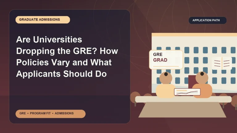Are Universities Dropping the GRE? How Policies Vary and What Applicants Should Do — editorial illustration for GRE graduate admissions, showing a student reviewing program fit and admission requirements with an academic adviser.