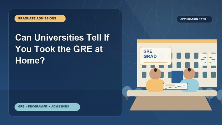 Can Universities Tell If You Took the GRE at Home? — editorial illustration for GRE graduate admissions, showing a student reviewing program fit and admission requirements with an academic adviser.