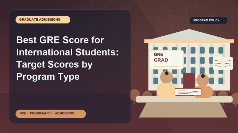 Best GRE Score for International Students: Target Scores by Program Type — editorial illustration for GRE graduate admissions, showing a student reviewing program fit and admission requirements with an academic adviser.