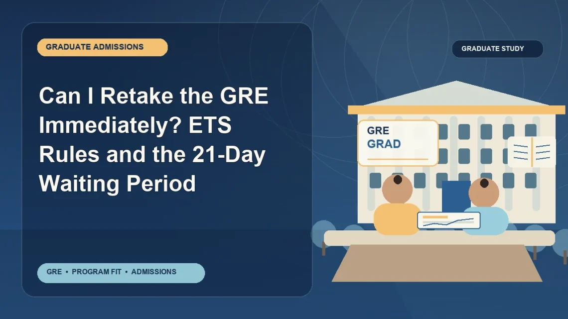 Can I Retake the GRE Immediately? ETS Rules and the 21-Day Waiting Period — editorial illustration for GRE graduate admissions, showing a student reviewing program fit and admission requirements with an academic adviser.