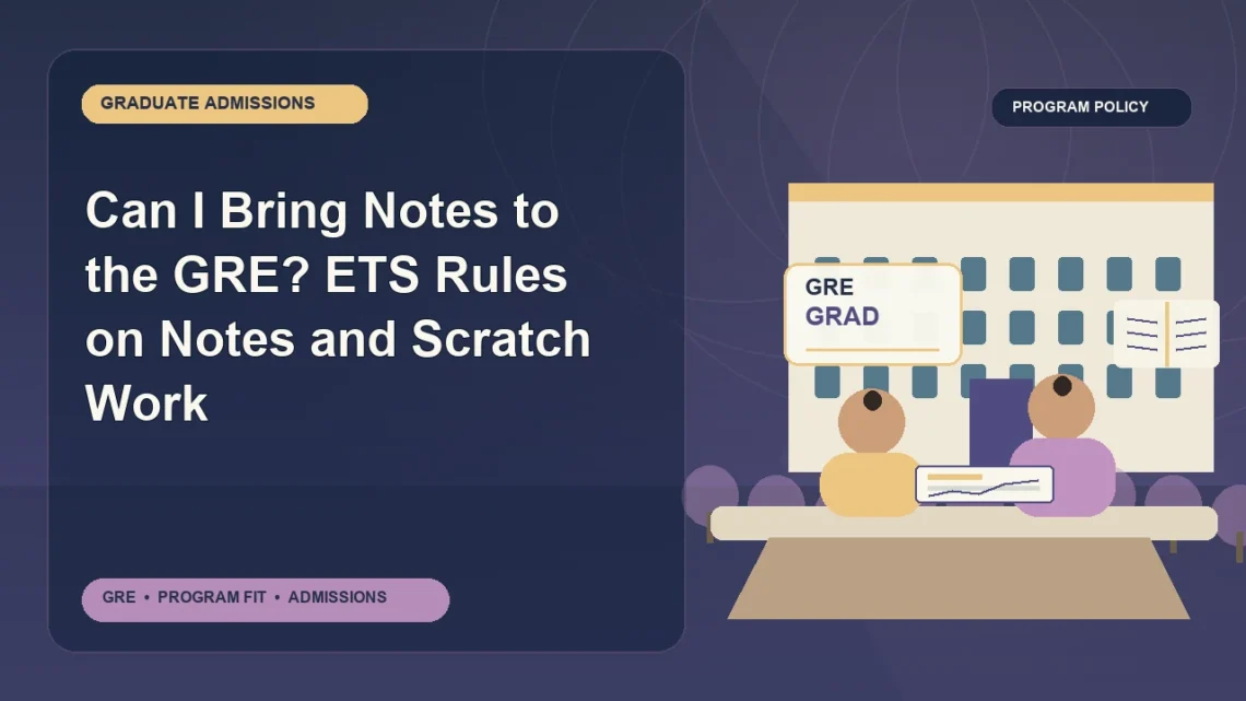Can I Bring Notes to the GRE? ETS Rules on Notes and Scratch Work — editorial illustration for GRE graduate admissions, showing a student reviewing program fit and admission requirements with an academic adviser.