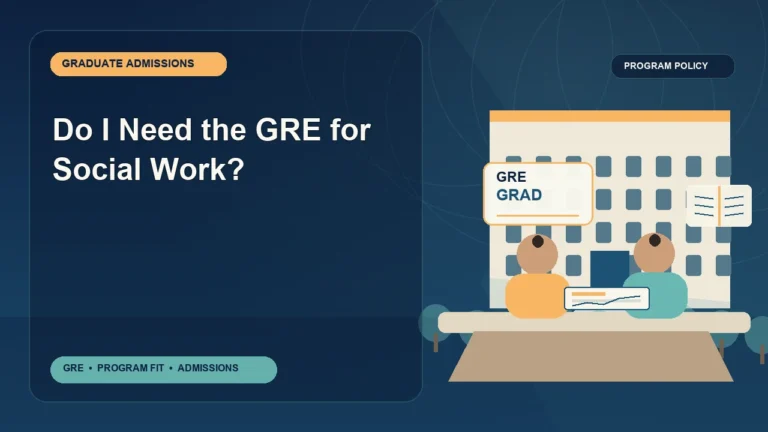 Do I Need the GRE for Social Work? — editorial illustration for GRE graduate admissions, showing a student reviewing program fit and admission requirements with an academic adviser.