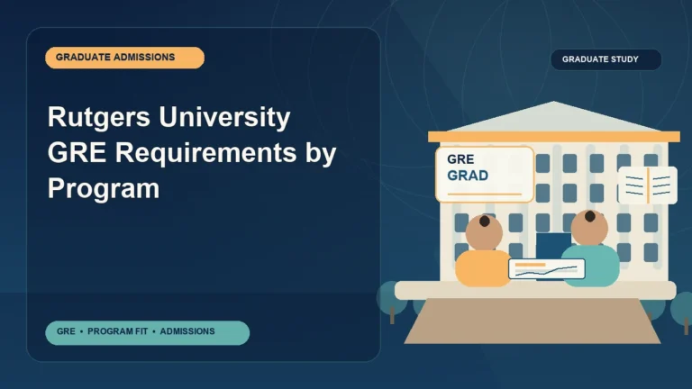 Rutgers University GRE Requirements by Program — editorial illustration for GRE graduate admissions, showing a student reviewing program fit and admission requirements with an academic adviser.