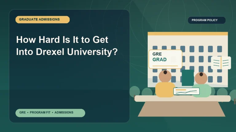 How Hard Is It to Get Into Drexel University? — editorial illustration for GRE graduate admissions, showing a student reviewing program fit and admission requirements with an academic adviser.