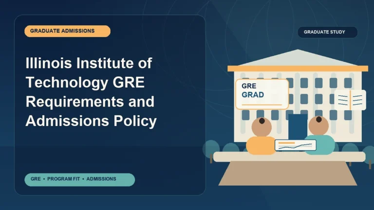 Illinois Institute of Technology GRE Requirements and Admissions Policy — editorial illustration for GRE graduate admissions, showing a student reviewing program fit and admission requirements with an academic adviser.
