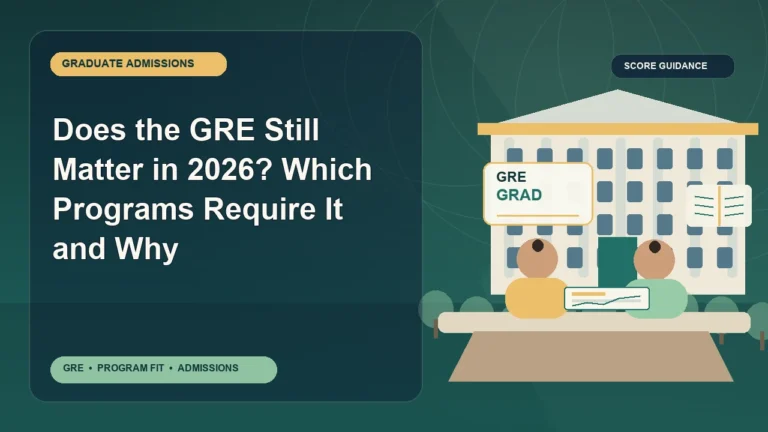 Does the GRE Still Matter in 2026? Which Programs Require It and Why — editorial illustration for GRE graduate admissions, showing a student reviewing program fit and admission requirements with an academic adviser.