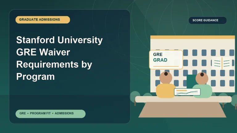 Stanford University GRE Waiver Requirements by Program — editorial illustration for GRE graduate admissions, showing a student reviewing program fit and admission requirements with an academic adviser.