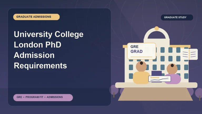 University College London PhD Admission Requirements — editorial illustration for GRE graduate admissions, showing a student reviewing program fit and admission requirements with an academic adviser.