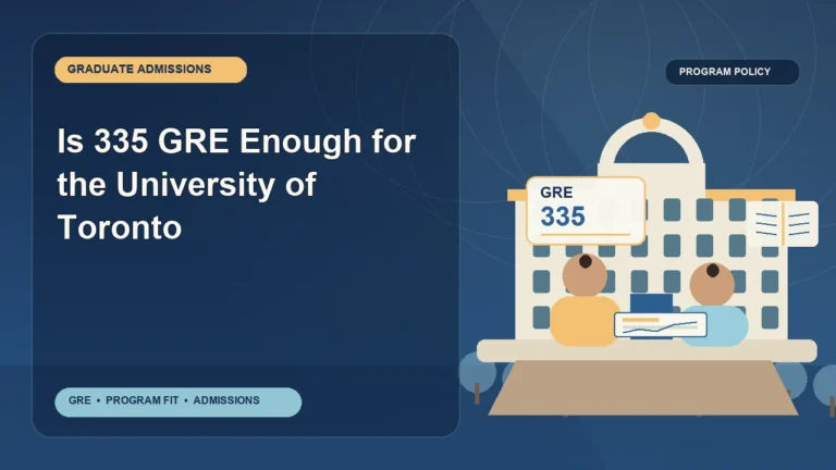 Is 335 GRE Enough for the University of Toronto — editorial illustration for GRE graduate admissions, showing a student reviewing program fit and admission requirements with an academic adviser.