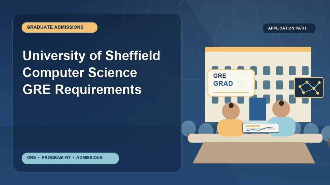 University of Sheffield Computer Science GRE Requirements — editorial illustration for GRE graduate admissions, showing a student reviewing program fit and admission requirements with an academic adviser.