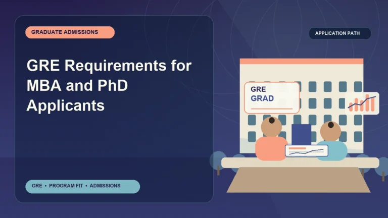 GRE Requirements for MBA and PhD Applicants — editorial illustration for GRE graduate admissions, showing a student reviewing program fit and admission requirements with an academic adviser.