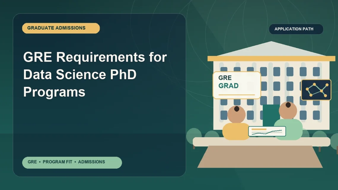 GRE Requirements for Data Science PhD Programs — editorial illustration for GRE graduate admissions, showing a student reviewing program fit and admission requirements with an academic adviser.
