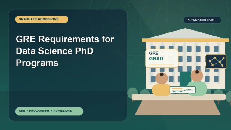GRE Requirements for Data Science PhD Programs — editorial illustration for GRE graduate admissions, showing a student reviewing program fit and admission requirements with an academic adviser.