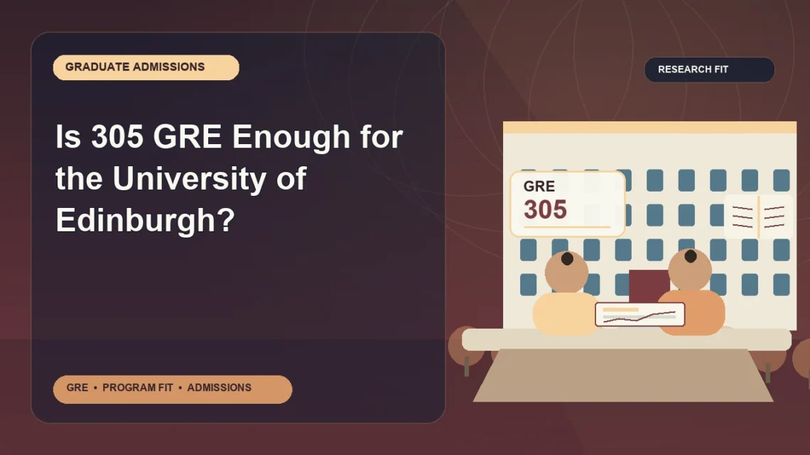 Is 305 GRE Enough for the University of Edinburgh? — editorial illustration for GRE graduate admissions, showing a student reviewing program fit and admission requirements with an academic adviser.
