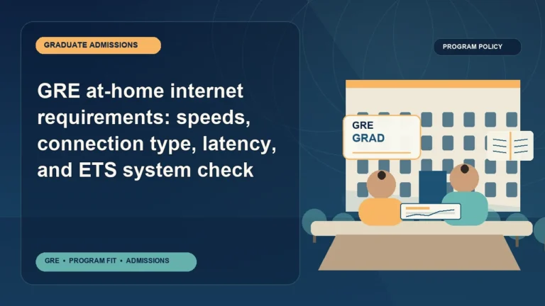 GRE at-home internet requirements: speeds, connection type, latency, and ETS system check — editorial illustration for GRE graduate admissions, showing a student reviewing program fit and admission requirements with an academic adviser.