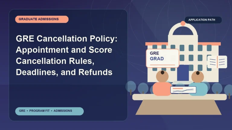 GRE Cancellation Policy: Appointment and Score Cancellation Rules, Deadlines, and Refunds — editorial illustration for GRE graduate admissions, showing a student reviewing program fit and admission requirements with an academic adviser.