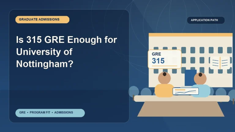 Is 315 GRE Enough for University of Nottingham? — editorial illustration for GRE graduate admissions, showing a student reviewing program fit and admission requirements with an academic adviser.