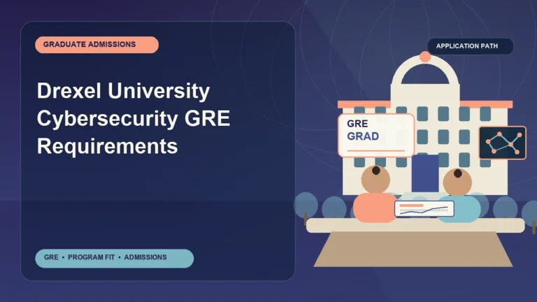 Drexel University Cybersecurity GRE Requirements — editorial illustration for GRE graduate admissions, showing a student reviewing program fit and admission requirements with an academic adviser.