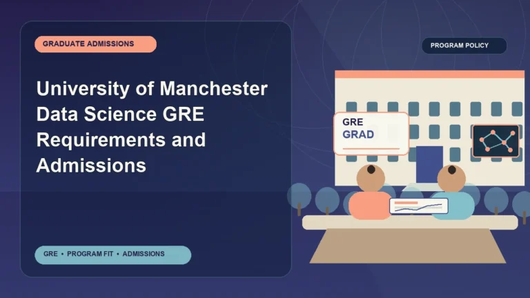 University of Manchester Data Science GRE Requirements and Admissions — editorial illustration for GRE graduate admissions, showing a student reviewing program fit and admission requirements with an academic adviser.