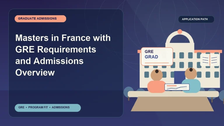 Masters in France with GRE Requirements and Admissions Overview — editorial illustration for GRE graduate admissions, showing a student reviewing program fit and admission requirements with an academic adviser.