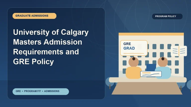University of Calgary Masters Admission Requirements and GRE Policy — editorial illustration for GRE graduate admissions, showing a student reviewing program fit and admission requirements with an academic adviser.