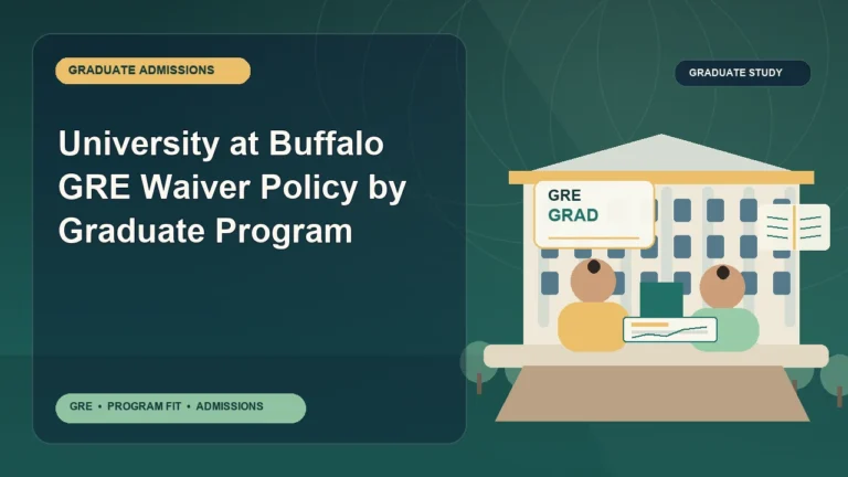 University at Buffalo GRE Waiver Policy by Graduate Program — editorial illustration for GRE graduate admissions, showing a student reviewing program fit and admission requirements with an academic adviser.