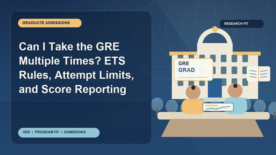 Can I Take the GRE Multiple Times? ETS Rules, Attempt Limits, and Score Reporting — editorial illustration for GRE graduate admissions, showing a student reviewing program fit and admission requirements with an academic adviser.
