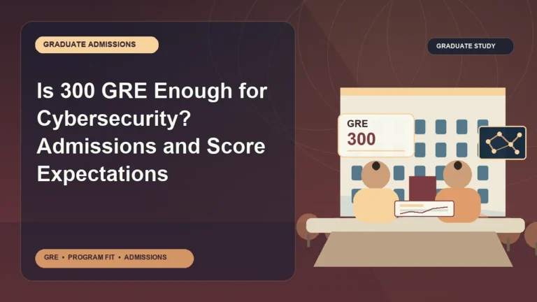 Is 300 GRE Enough for Cybersecurity? Admissions and Score Expectations — editorial illustration for GRE graduate admissions, showing a student reviewing program fit and admission requirements with an academic adviser.