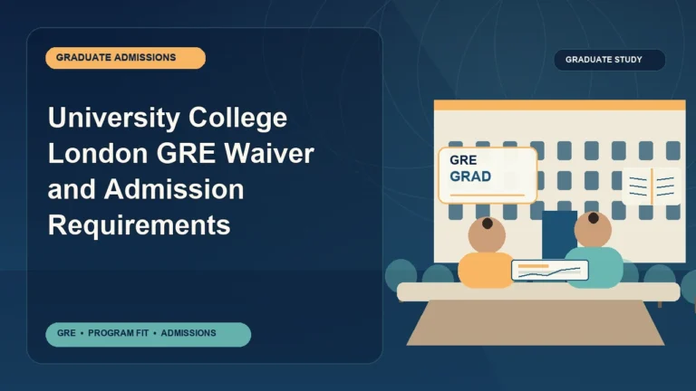 University College London GRE Waiver and Admission Requirements — editorial illustration for GRE graduate admissions, showing a student reviewing program fit and admission requirements with an academic adviser.