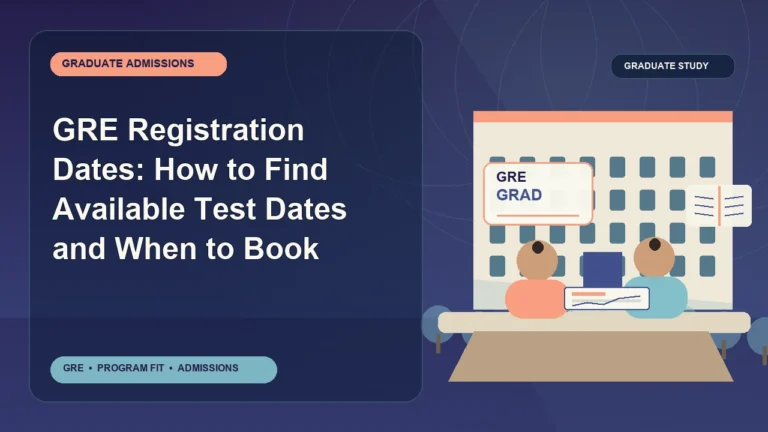 GRE Registration Dates: How to Find Available Test Dates and When to Book — editorial illustration for GRE graduate admissions, showing a student reviewing program fit and admission requirements with an academic adviser.