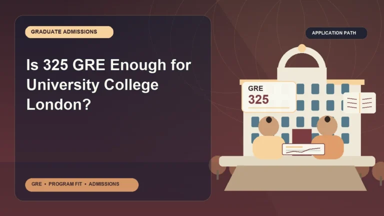 Is 325 GRE Enough for University College London? — editorial illustration for GRE graduate admissions, showing a student reviewing program fit and admission requirements with an academic adviser.