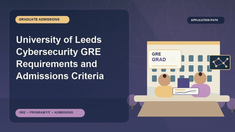 University of Leeds Cybersecurity GRE Requirements and Admissions Criteria — editorial illustration for GRE graduate admissions, showing a student reviewing program fit and admission requirements with an academic adviser.