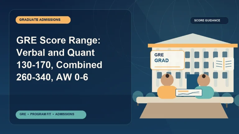 GRE Score Range: Verbal and Quant 130-170, Combined 260-340, AW 0-6 — editorial illustration for GRE graduate admissions, showing a student reviewing program fit and admission requirements with an academic adviser.