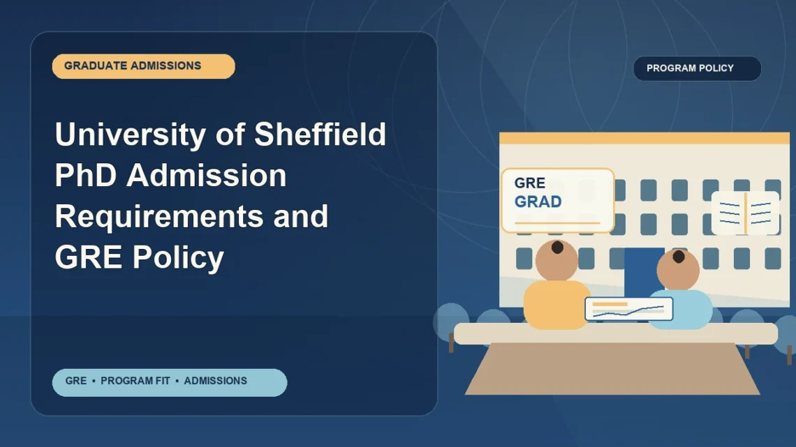 University of Sheffield PhD Admission Requirements and GRE Policy — editorial illustration for GRE graduate admissions, showing a student reviewing program fit and admission requirements with an academic adviser.