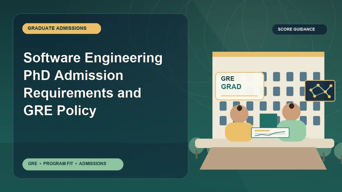 Software Engineering PhD Admission Requirements and GRE Policy — editorial illustration for GRE graduate admissions, showing a student reviewing program fit and admission requirements with an academic adviser.