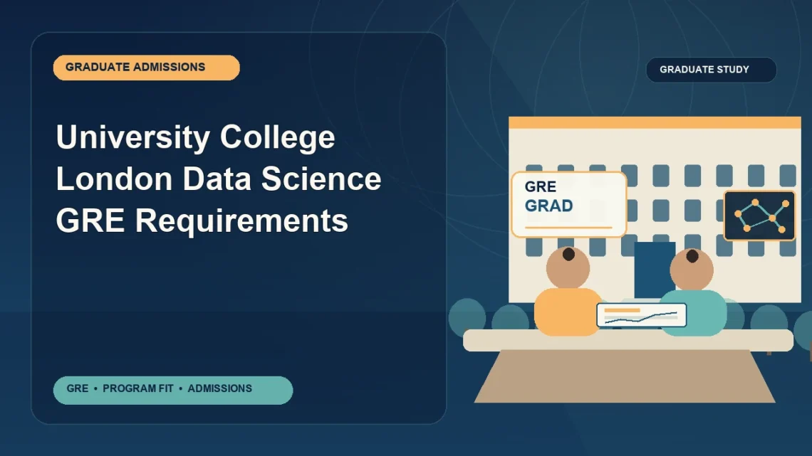 University College London Data Science GRE Requirements — editorial illustration for GRE graduate admissions, showing a student reviewing program fit and admission requirements with an academic adviser.