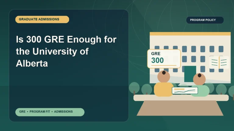 Is 300 GRE Enough for the University of Alberta — editorial illustration for GRE graduate admissions, showing a student reviewing program fit and admission requirements with an academic adviser.