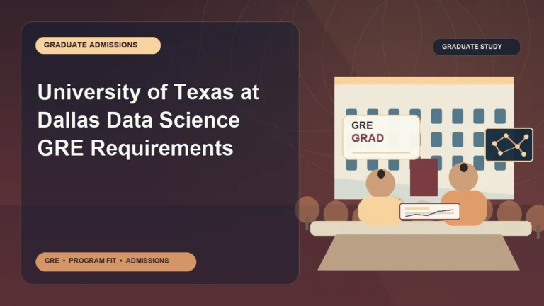University of Texas at Dallas Data Science GRE Requirements — editorial illustration for GRE graduate admissions, showing a student reviewing program fit and admission requirements with an academic adviser.