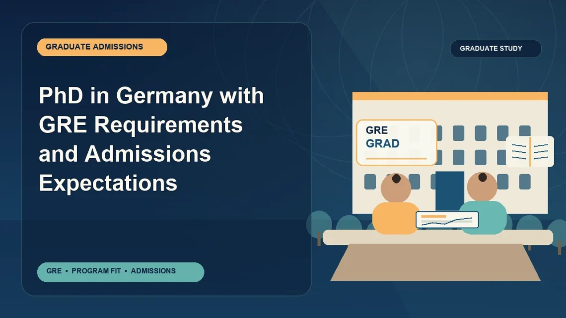 PhD in Germany with GRE Requirements and Admissions Expectations — editorial illustration for GRE graduate admissions, showing a student reviewing program fit and admission requirements with an academic adviser.