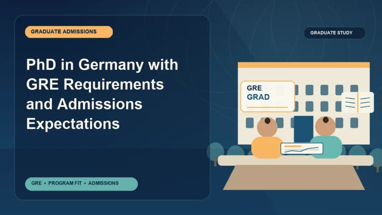 PhD in Germany with GRE Requirements and Admissions Expectations — editorial illustration for GRE graduate admissions, showing a student reviewing program fit and admission requirements with an academic adviser.