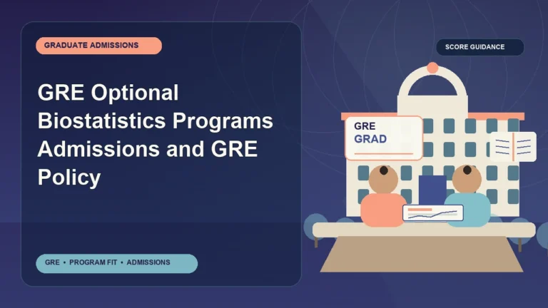 GRE Optional Biostatistics Programs Admissions and GRE Policy — editorial illustration for GRE graduate admissions, showing a student reviewing program fit and admission requirements with an academic adviser.