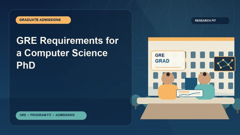 GRE Requirements for a Computer Science PhD — editorial illustration for GRE graduate admissions, showing a student reviewing program fit and admission requirements with an academic adviser.