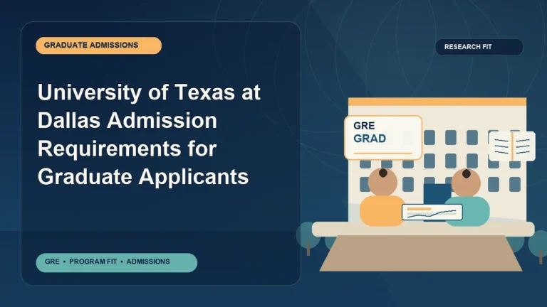 University of Texas at Dallas Admission Requirements for Graduate Applicants — editorial illustration for GRE graduate admissions, showing a student reviewing program fit and admission requirements with an academic adviser.