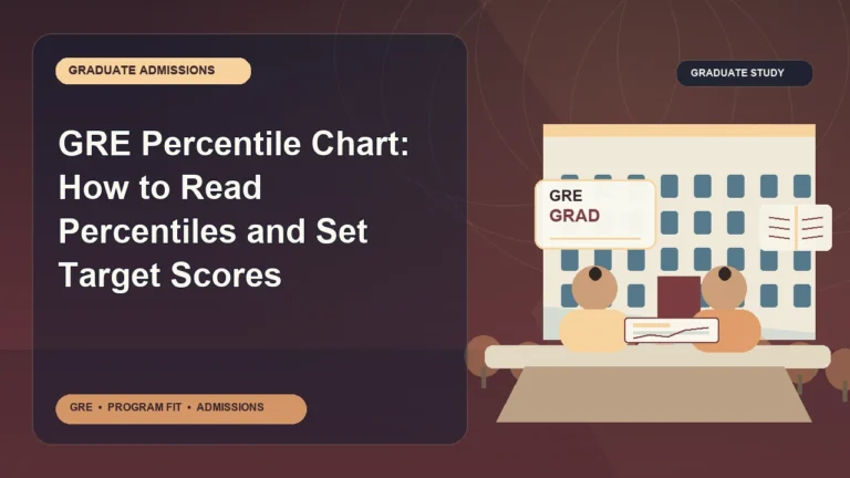 GRE Percentile Chart: How to Read Percentiles and Set Target Scores — editorial illustration for GRE graduate admissions, showing a student reviewing program fit and admission requirements with an academic adviser.