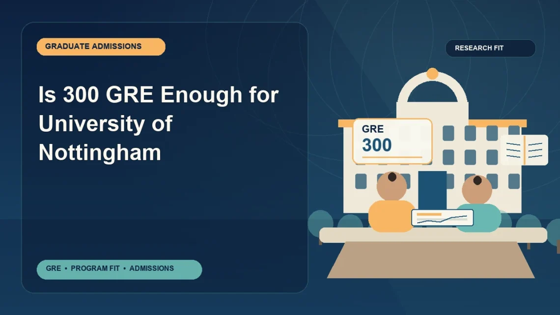 Is 300 GRE Enough for University of Nottingham — editorial illustration for GRE graduate admissions, showing a student reviewing program fit and admission requirements with an academic adviser.