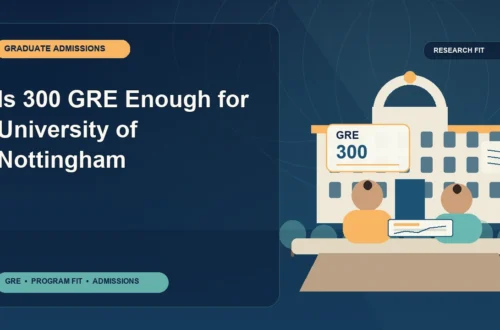 Is 300 GRE Enough for University of Nottingham — editorial illustration for GRE graduate admissions, showing a student reviewing program fit and admission requirements with an academic adviser.